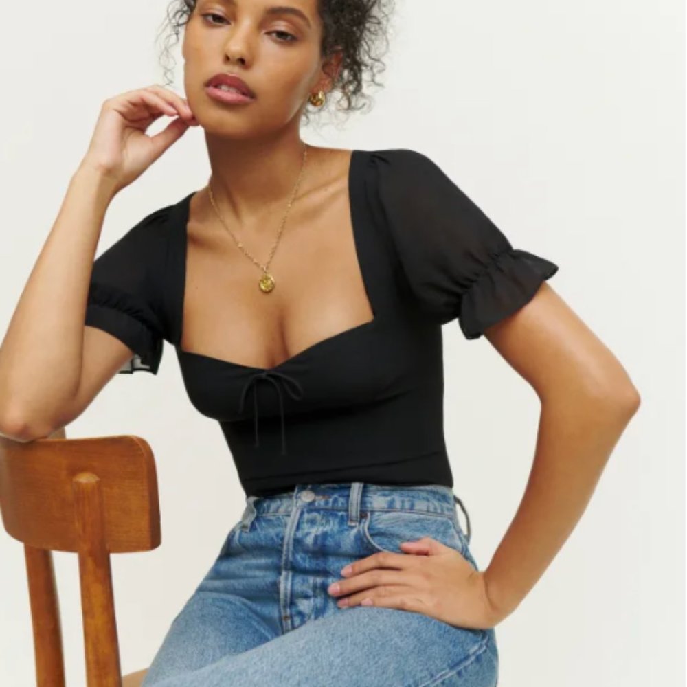 Reformation Black Puff Sleeve Blouse